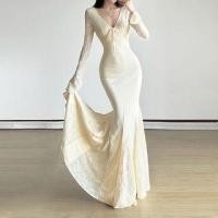 ราคา Bell Sleeve V-Neck Lace Panel Bow Accent Maxi Dress (1132093654)