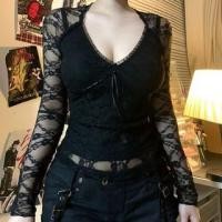 ราคา Long-Sleeve V-Neck Frill Trim Tie Front Lace Slim Fit Crop Top (1132105021)