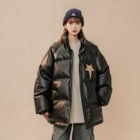 ราคา Stand Collar Star Print Crocodile Grain Faux Leather Zip Puffer Jacket (1132112592)