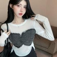 ราคา Long Sleeve Crew Neck Washed Denim Panel Crop Top (1132123427)