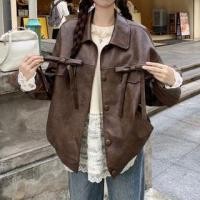 ราคา Collared Plain Faux Leather Button Jacket / Long-Sleeve Round Neck Lace Panel Knit Top (1132145352)