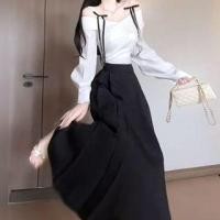 ราคา Long-Sleeve Cold Shoulder Bow Accent Blouse / High Rise Plain Pleated Midi A-Line Skirt (1132147666)