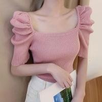 ราคา Elbow-Sleeve Scoop Neck Plain Ribbed Slim Fit Crop Knit Top (1129369056)