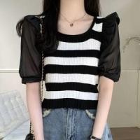 ราคา Elbow-Sleeve Crew Neck Striped Panel Ruffle Trim Ribbed Crop Knit Top (1129369016)