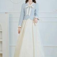 ราคา Long-Sleeve V-Neck Mock Two-Piece Two Tone Embellished Tie Front Maxi A-Line Dress (1132153319)