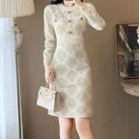 ราคา Long-Sleeve Crew Neck Patterned Knit Sheath Dress (1132181371)