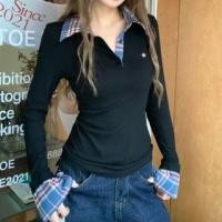 ราคา Long Sleeve Mock Two Piece Plaid Panel Slim-Fit Top (1132166814)