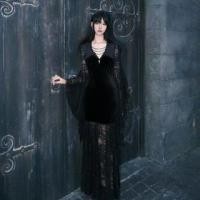ราคา Bell Sleeve V-Neck Plain Beaded Chain Velvet Panel Lace Maxi Sheath Dress (1132197734)