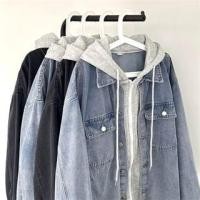 ราคา Collared Mock Two-Piece Washed Hooded Zip-Up Denim Jacket (1132202958)