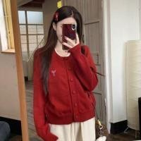 ราคา Crew Neck Bow Embroidered Mock Two Piece Sweater Red - One Size (1132218324)