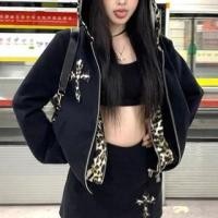 ราคา Long Sleeve Mock Two Piece Leopard Print Paneled Loose-Fit Hooded Zip-Up Jacket (1132240440)
