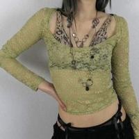 ราคา Long Sleeve Off-Shoulder Plain Lace See-Through Crop Top with Leopard Bra Top (1132240171)