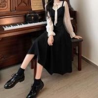 ราคา Mock Two-Piece Long-Sleeve Tie-Neck Two Tone Midi A-Line Dress (1132242434)