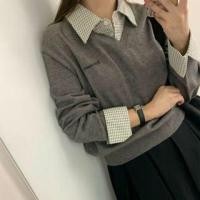 ราคา Mock Two-Piece Long-Sleeve Plaid Panel Knit Top (1131161807)