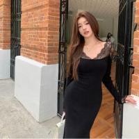 ราคา Long-Sleeve V-Neck Plain Lace Panel Midi Mermaid Dress (1132256715)