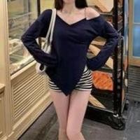 ราคา Chain Strap Cold Shoulder Plain Asymmetrical Pullover (1132263751)