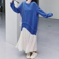 ราคา Long-Sleeve Round Neck Two Tone Fringed Panel Maxi Tunic Dress (1132290320)