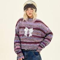 ราคา Drop Shoulder Mock Neck Bow Applique Striped Crop Sweater (1132283043)