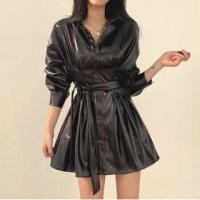 ราคา Long-Sleeve Plain Belted Button Faux Leather Mini A-Line Shirt Dress Black - One Size (1132291564)