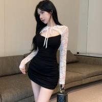 ราคา Long Sleeve Tie Neck Mock Two Piece Ruched Panel Lace Mini Sheath Dress (1132290502)