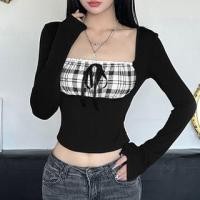 ราคา Long-Sleeve Square Neck Plaid Panel Crop Top (1132292053)