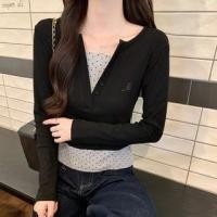 ราคา Long-Sleeve Mock Two-Piece Dotted Panel Slim Fit Crop Tee (1132305468)