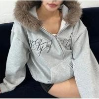 ราคา Long Sleeve Lettering Print Furry-Trim Hooded Zip-Up Jacket (1132318717)