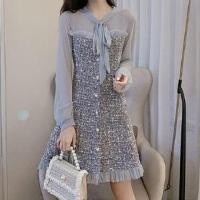 ราคา Mock Two-Piece Puff-Sleeve Tie-Neck Tweed Mini A-Line Dress (1132313432)