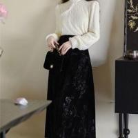 ราคา Set: Long-Sleeve Stand Collar Fluffy Trim Frog Buttoned Lace Blouse + High Rise Jacquard Velvet Midi A-Line Skirt (1132314861)