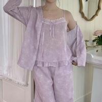 ราคา Pajama Set: Floral Lace Trim Camisole Top + Pants + Long-Sleeve Lace-Up Top (1132320707)
