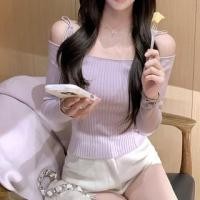 ราคา Long Sleeve Cold-Shoulder Tie-Strap Plain Ribbed-Knit Slim-Fit Top (1132318722)