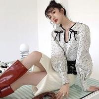 ราคา Long-Sleeve Notch Neck Dotted Lace Panel Bow Accent Blouse (1132331158)