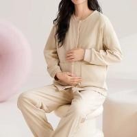 ราคา Maternity Pajama Set: Long Sleeve Round Neck Plain Button Breastfeeding Top + Straight Leg Pants (1132322307)