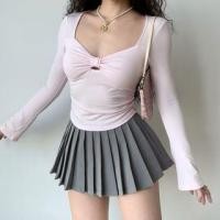 ราคา Long-Sleeve V-Neck Plain Cutout Ruched Slim Fit Crop T-Shirt (1132322706)