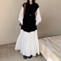 ราคา Long-Sleeve Crew Neck Mock Two-Piece Two Tone Smocked Maxi Tunic Dress Black & White - One Size (1132328198)