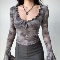 ราคา Long-Sleeve V-Neck Floral Print Frill Trim Tie Front Slim Fit Crop Top (1132322573)