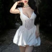 ราคา Sleeveless V-Neck Plain Backless Lace Panel Mini A-Line Dress (1132328710)