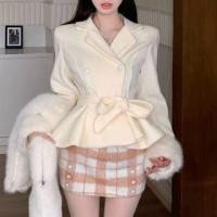 ราคา Notch Lapel Plain Fluffy Trim Double-Breasted Jacket / High Rise Plaid Mini Pencil Skirt (1132332622)