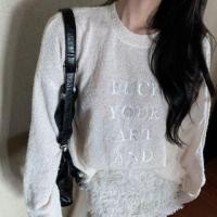 ราคา Long-Sleeve Crew Neck Lettering Embroidered Sheer Top White - One Size (1132332560)