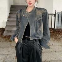 ราคา Washed Denim Cropped Jacket / High Waist Plain Faux Leather Wide Leg Pants / Belt / Set (1125622748)