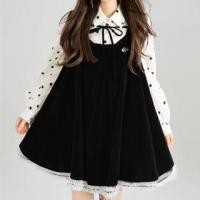 ราคา Long Sleeve Collared Dotted Shirt / Pleated Buckled Panel Velvet Mini A-Line Overall Dress (1132336144)