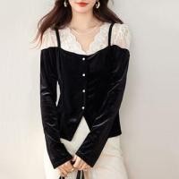 ราคา Long-Sleeve V-Neck Lace Panel Top (1132343180)