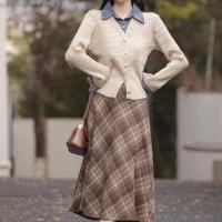 ราคา Set: Mock Two-Piece Long-Sleeve Collar Denim Panel Button Knit Top + High Rise Plaid Midi A-Line Skirt (1132344798)