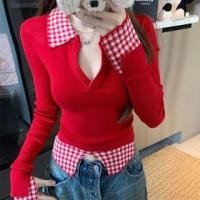 ราคา Mock Two-Piece Long-Sleeve Plaid Panel Top (1132352272)