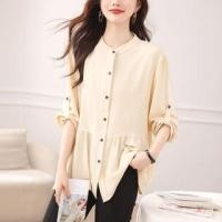 ราคา 3/4 Sleeve Stand Collar Loose Fit Blouse (1132361573)