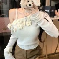 ราคา Long-Sleeve Asymmetrical Floral Accent Knit Top / Furry Cardigan (1132352049)