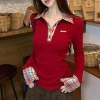ราคา Long-Sleeve Collar Lettering Plaid Panel T-Shirt (1132364355)