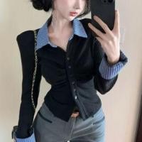 ราคา Long Sleeve Collared Plaid Panel Ruched Button Top (1132369144)