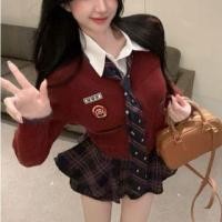 ราคา V-Neck Applique Contrast Trim Cardigan / Necktie / Long Sleeve Collared Plain Shirt / High Waist Plaid Mini A-Line Skort / Set (1132369003)