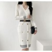 ราคา Long-Sleeve V-Neck Double Breasted Plaid Panel Knit Sheath Dress (1132373061)